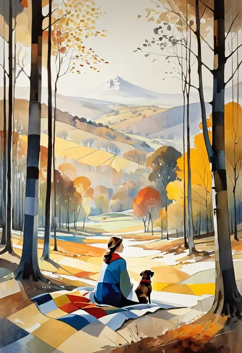 An illustration in the artistic manner of Picasso Piet Mondrian Thomas Wells Schaller. multicolored abstract bucolic landscapes, reminiscent of golden age illustrations, exuding gentle lyricism and romanticism. in the clearing of a forest, late autumn, a w...