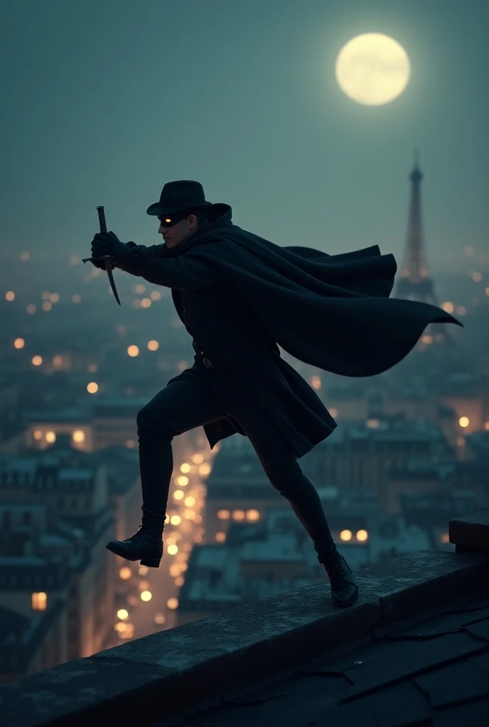 Un voleur masqué style Arsène Lupin avec une cape court sur les toits de  Paris avec  une épée dans sa main 