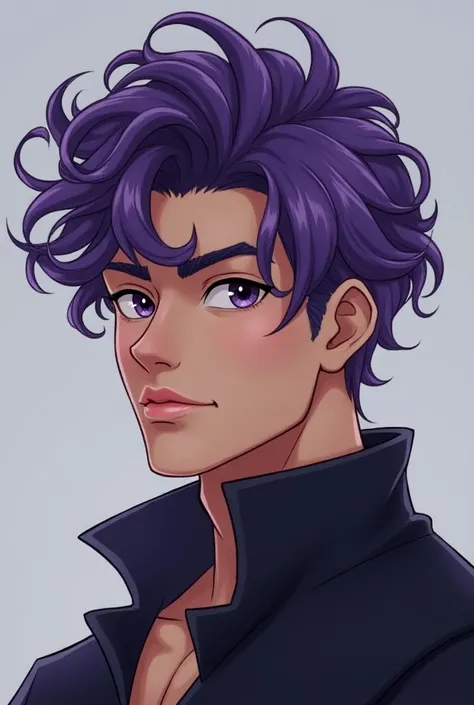 Man. 25 years old. Slightly pumped up. The characters hair is a rich purple color that softly shifts from light shades at the roots to deeper tones at the tips. Each curl is slightly wavy, adding movement and texture. Some strands fall loosely over his for...