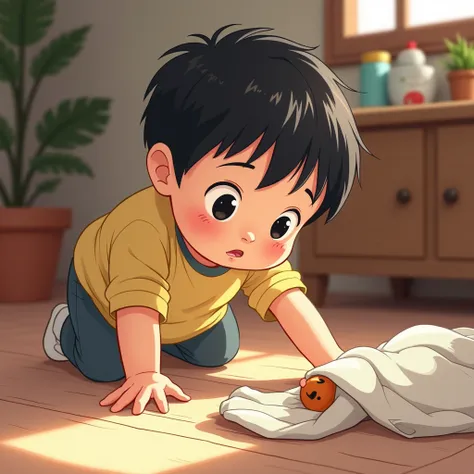 a  with an outstretched hand , trying to find a toy hidden behind and under a rag,  symbolizing the discovery of the permanence of the object . Illustration, ANIME STYLE, anime, character design, Pixar, 