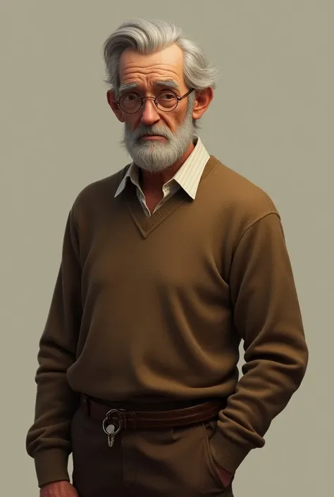 Bernabeu is a man with grayish white hair only on the side of his head. He wears brown clothes with a brown sweater. He also has brown pants around his waist and a key ring on his waist. He wears round glasses. .