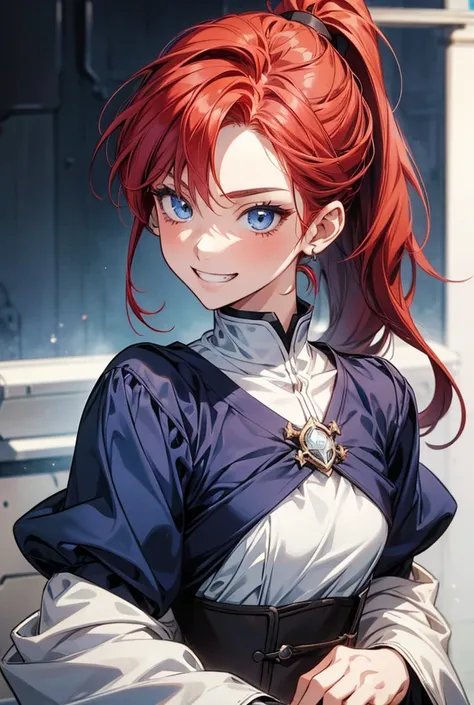  1 girl, solo,  small breasts、 blue eyes, Grin, Character portrait,  character design drawing,  anime style, knight、Petite body、Red Hair、 ponytail,  shortcuts, 