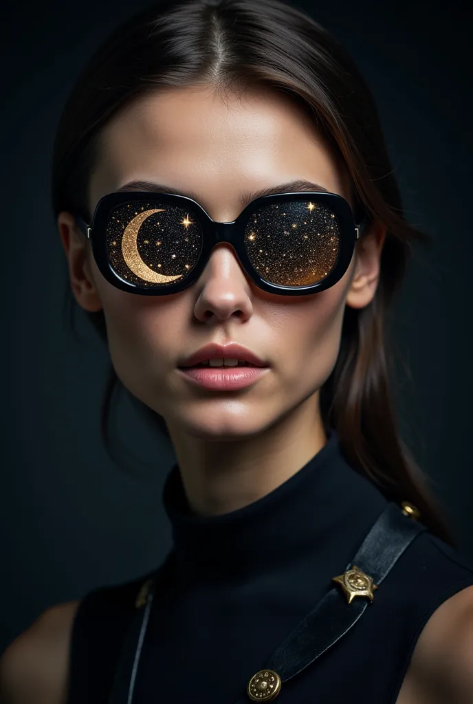 model wearing glass sunglasses， with stars and moon on the lenses