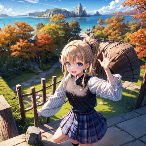 Chestnut Hair、 blue eyes、Hair tied up、Two cute、 plaid mini skirt 、 BLACK T-SHIRT、 Long Sleeve 、kimono、striped high socks、Teeth are visible、lawn、The stone is cracked、Uneven ground、The road is curved、Diamond Earrings、View from above、Large autumn tree、Mountai...