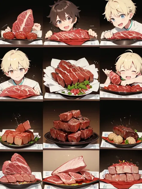 Japanese Manga、 a boy talking about presents  、A birthday story 、  four-frame comics depicting delicious meat、Delicious meat dishes as gifts、  happy face、  your smile is cute 、  a boy talking about meat  、