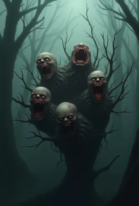 Screaming bloody heads growing from tree branches in a dreary foggy forest, gore, highest definition, highest detail, highest quality 