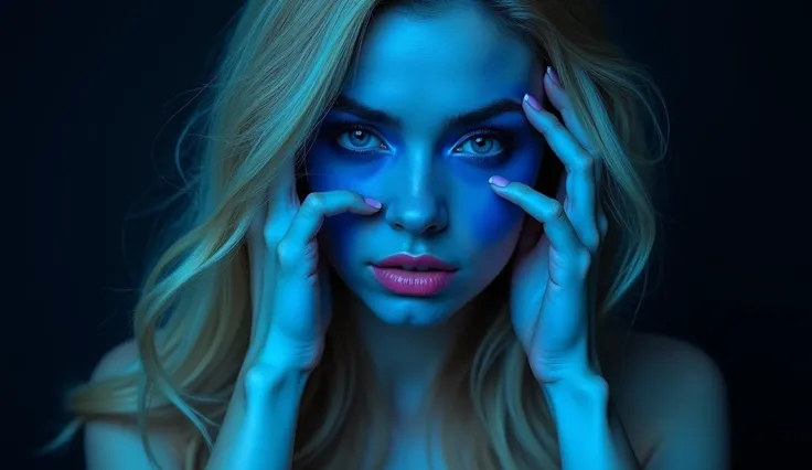 The image is a close-up portrait of a womans face and upper body. The woman has long blonde hair that is styled in loose waves and falls over her shoulders. Her face is painted in a striking blue color, with a hint of pink lipstick on her lips. Her eyes ar...