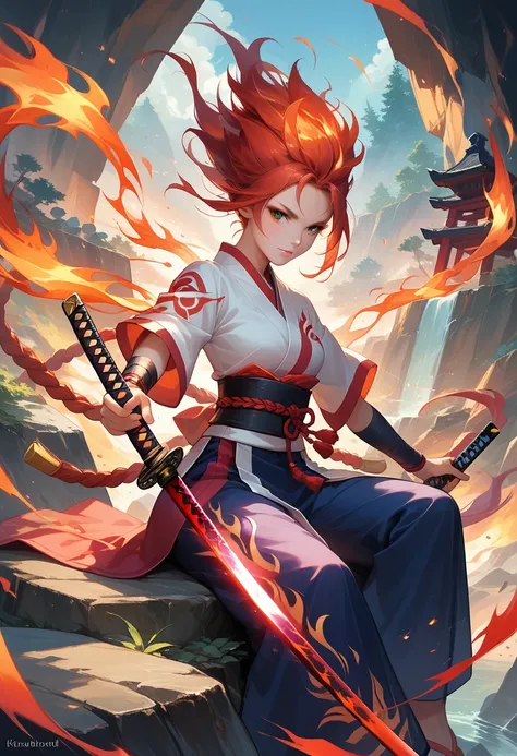 score_9, score_8_up, score_7,an epic katana, legendary katana sitting in a rocky stand, held by a woman samurai, there are glowing runes on the katana, flames are reflected on the shining blade, katana, FireMagicAI