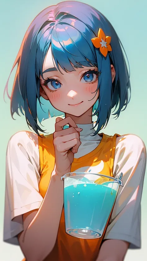 20-year-old women、 Dusty Blue Hair 、 bob cut、Orange hair ornament、The upper body is a white t-shirt 、Holding a cup filled with drinks、smile、delicious、No background、Background white