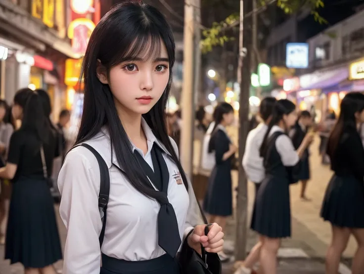 a beautiful black-haired high school girl walking down the streets of Ho Chi Minh City, Vietnam, intricate detailed face, long eyelashes, delicate features, school uniform, city street background, crowd of people, storefront buildings, warm lighting, cinem...