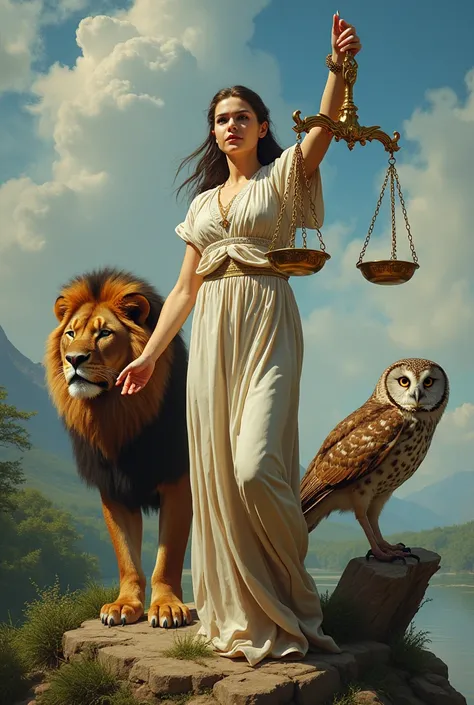 Δικαιοσύνη (Justice): Represented by a woman holding the balanced scales.
Ἀνδρεία (Courage): Represented by the lion.
Σοφία (Wisdom): Represented by the owl.
Σωφροσύνη (Temperance): Represented by the calm, flowing river.