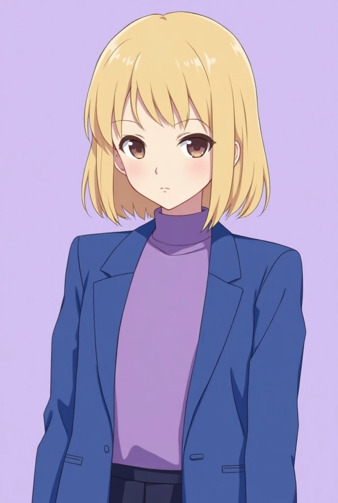 A portrait of an anime blonde model with shoulder-length bob hair, wearing a blue blazer and a purple turtleneck sweater, posing in front of a solid violet background. The aesthetic is minimalistic, with pastel colors, in the style of David Newton.