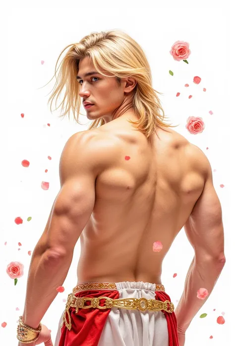  watercolor style 、digitalart、 Very Handsome Man  、Long blonde hair,  blue eyes ,stand,Very white ,Super cute guy ,to reveal、Real Thai mix Korea ,, twenty years old, dummy, thick, very big muscles, Bright white background ,ใส่ชุดสีแดงทองขาวใส Arabian Warri...