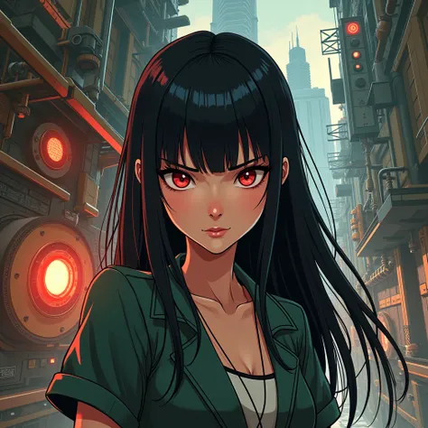  1 girl, Long Hair, bangs,  straight black hair in such a posture、Red eyes,  illustration , Near future、 steampunk、A challenging smile、