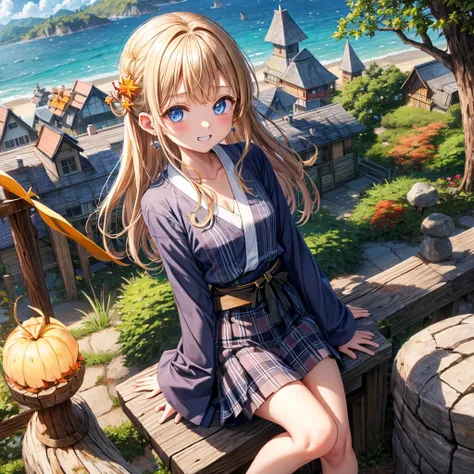 Chestnut Hair、 blue eyes、Hair tied up、Two cute、 plaid mini skirt 、 BLACK T-SHIRT、 Long Sleeve 、kimono、striped high socks、Teeth are visible、lawn、The stone is cracked、Uneven ground、The road is curved、Diamond Earrings、View from above、Large autumn tree、Mountai...