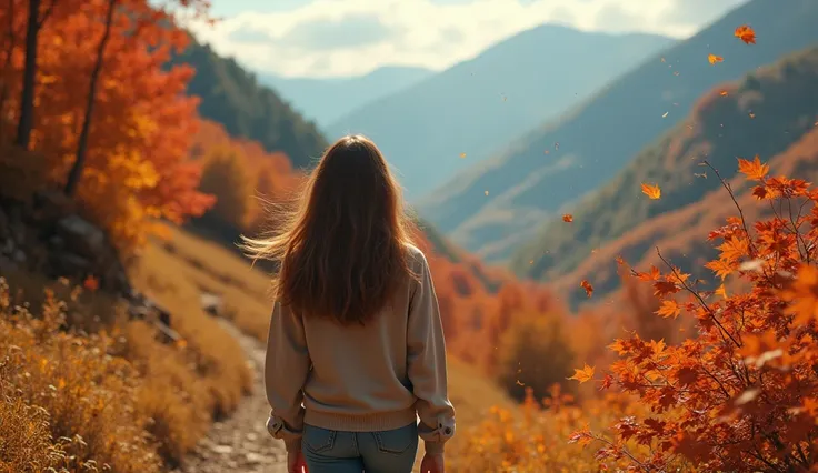 Highly detailed masterpiece 8K high resolution content，Autumn mountain valley，Burning red foliage，， scenery，Autumn leaves floating in the air，Sparkling particles fluttering， Warm lighting background ，1 Girl walking on the road， David Hockney and Alphonse M...