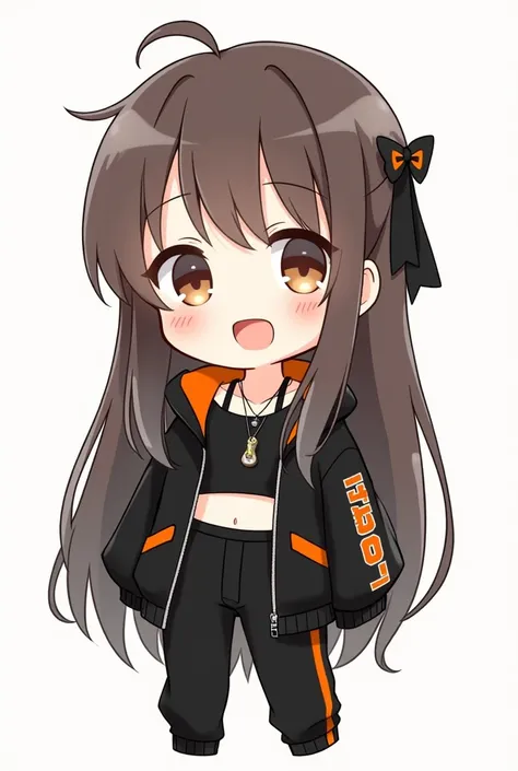 Chibi: Of a brunette girl with straight hair and on her back ,  two locks of hair falling on her face she wears a black crop top and black pants, Also black jacket with orange lettering the girl is smiling , She wears a necklace with a guitar pendant , she...