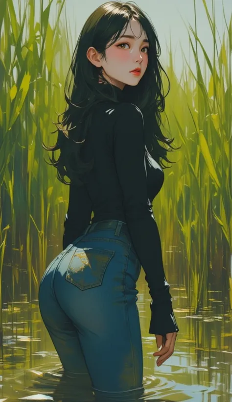 woman, turtlenecks and tight skinny flared jeans, ,drowning in swamp, reeds, red lips, side view,