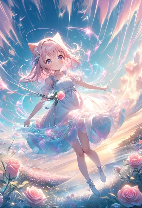  cute white girl cat angel、(( Full Body Shot :1.2))、Free Angle 、 floats up and flies like a helicopter、 plastic rapier glowing rose pink、Afterimage、streamline、Pastel Grass 、Shake、 horizon 