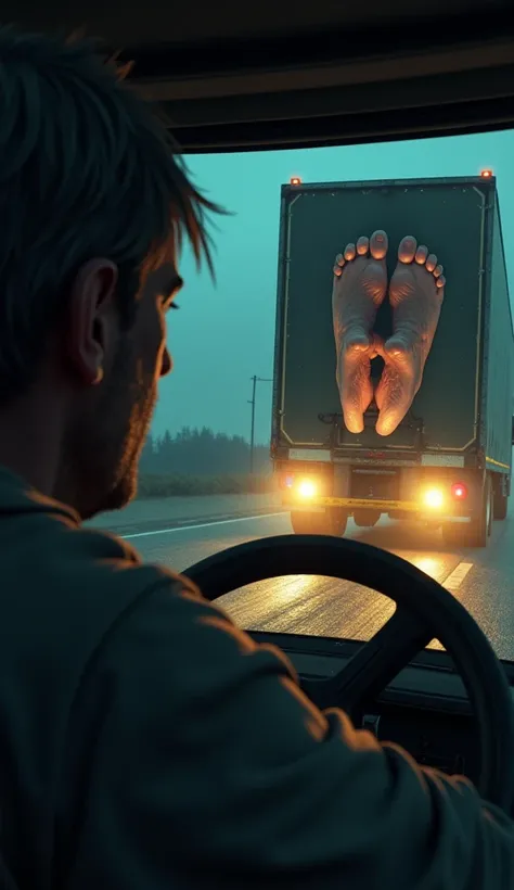 Sentence 5: "When Ram glances in the rearview mirror, he realizes her feet are twisted backward."

Prompt: "The truck driver, looking into the rearview mirror, sees the reflection of the womans feet twisted backward. The scene is tense and filled with fear...