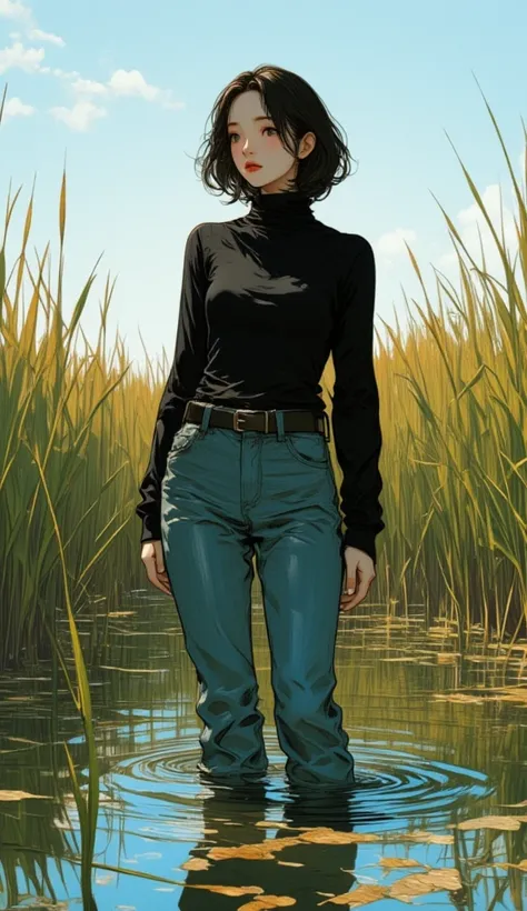 woman, turtlenecks and tight skinny flared jeans, ,drowning in swamp, green brown reeds, sky, red lips, side view,