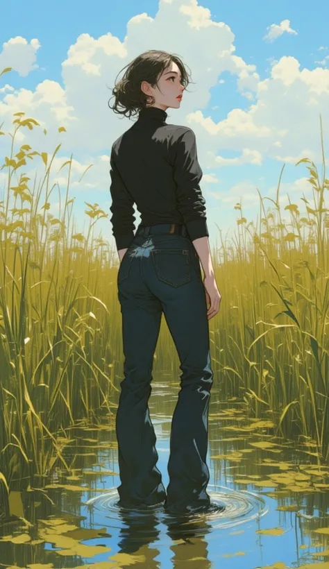 woman, turtlenecks and tight skinny flared jeans, ,drowning in swamp, green beige reeds, sky, red lips, side view,