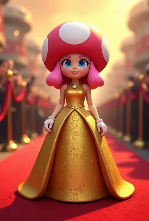 Toadette, gold dress, red carpet, mushroom hair, pink hair, closed mouth