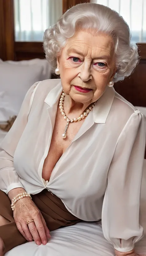 ((gorgeous queen elizabeth 80yo:1.3), (huge saggy breast:1.3), profile side, (look at viewer:1.4), sitting on a bed, (sensual ex...