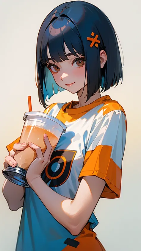 20-year-old women、 Dusty Blue Hair 、Jet Black Brown Eyes 、 bob cut、Orange hair ornament、The upper body is a white t-shirt 、Holding a cup filled with drinks、smile、delicious、No background、Background white