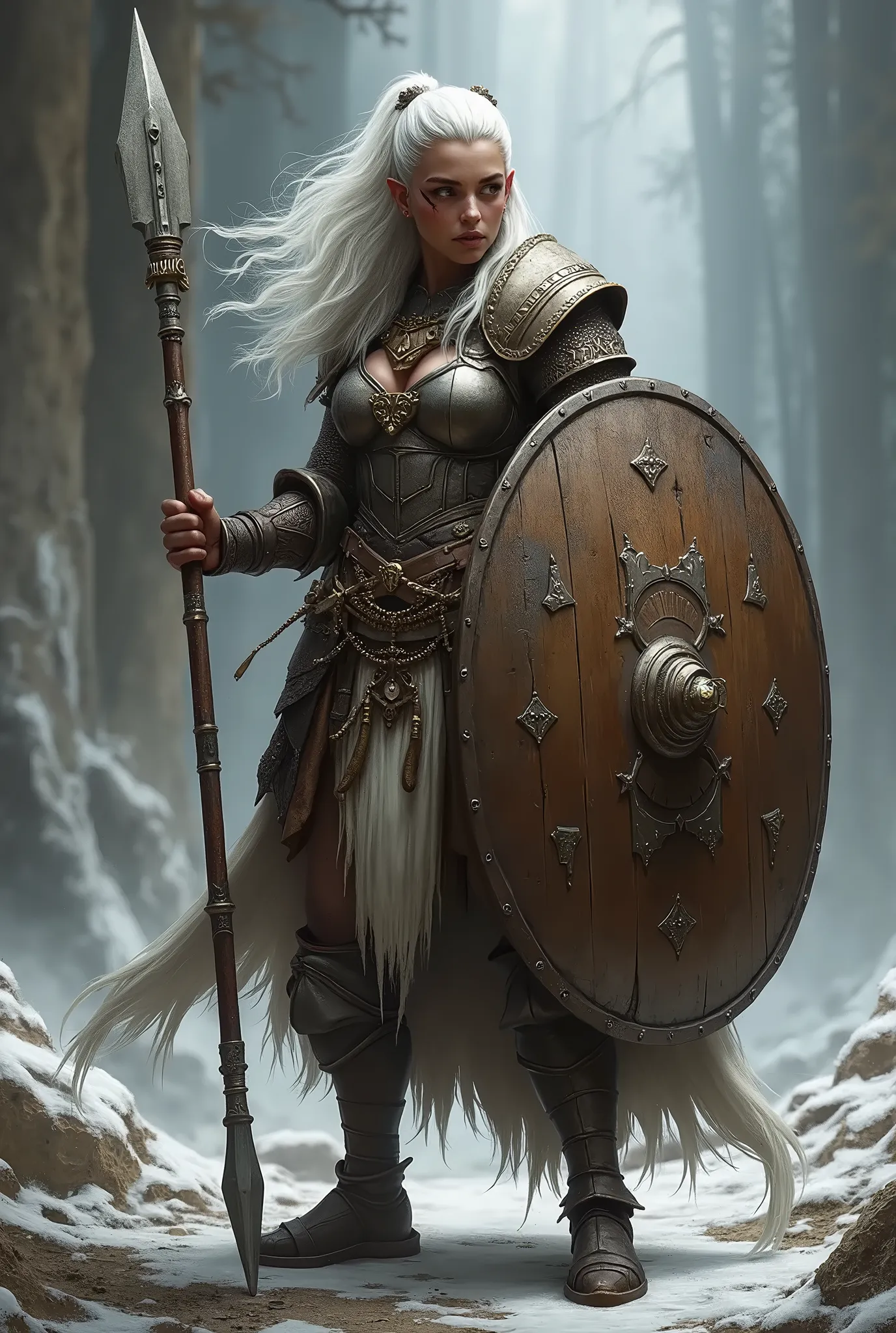 A beautiful dwarf warrior woman, who uses a very beautiful and large shield and a short spear. It has very elegant armor.
 Its physical characteristics are: his skin is black, has white hair and a bear scar over one of his eyes.  Remembering, She is of the dwarf race and has black and black skin.