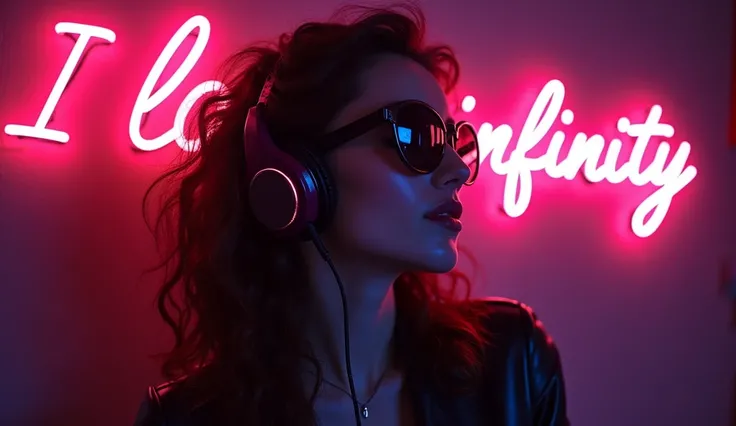 Brown hair . beautiful woman with curly hair Volume and sunglasses in headphones - earphone surrounding dark room neon cyberpunk at night coordinator neon glow,In the room the sign glows and shimmers in neon light"I love infinity"Anime style,Beautiful colo...