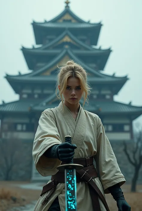 ( detailed photo image ,UHD,HDR,8k render) ninja girl with a pile of blond short hair ,  in ninja robes and light leather armor , in front of her with both hands she holds a Japanese katana sword( katana faintly glows bluish ,  on it, mysterious hieroglyph...