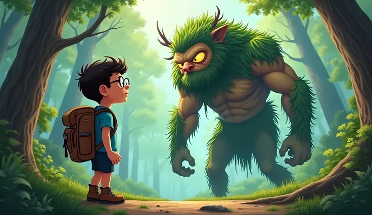   a cartoon little boy features wearing specs,navy colour shorts,blue t-shirt, boots and carrying trek bag is standing at the end of big forest watching  the cartoon giant featuring  huge enormous, with skin as rough as tree bark and hair as wild as the fo...