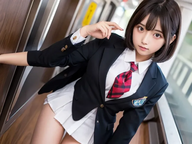 High school girl　Bob Hair　train　Panty shot　 Blazer Uniform 