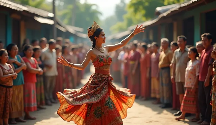 A woman dancing jaipong seen by residents ,  women dancing using traditional Indonesian clothes ,  women dancing beautifully using traditional Indonesian clothes seen by residents