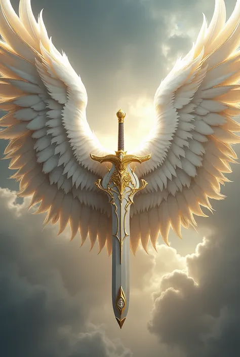 A Big wings that color white and gold have a wings in the bottom and the center of the wings is have sword and shield. JUST WINGS AND SWORD AND SHIELD. dont make it realistic