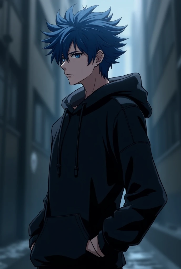 Generat anime tall boy with black hoodies and blue hair 