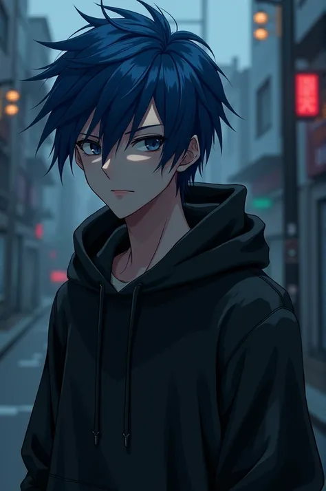 Generate anime character tall boy with black hoodies and blue hair 