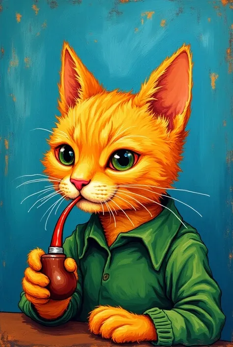  colored lead illustration with a plush texture ， colorful ，Orange cat playing 《 Self-portrait with Van Gogh pipe 》，戴着Fluff的黑紫色帽子，Wear a green top，World famous paintings， richly colored ，Soft light，Fluff，Minimalism，Dreamy style， textured oil painting blue ...