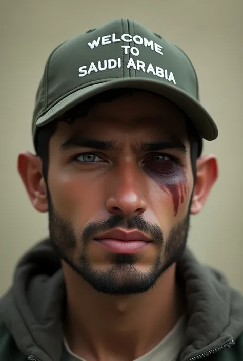 A real young man with a black eye wearing a cap that says Welcome to Saudi Arabia