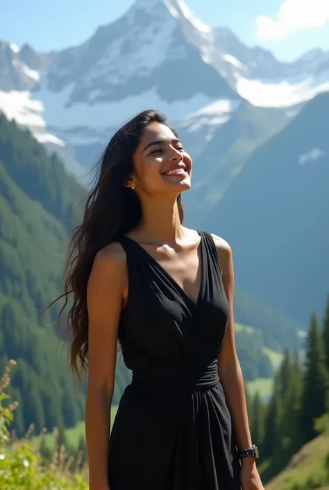 Absolute real image of  beautiful, pretty, gorgeous Indian young fatt college girl wearing black dress enjoying the beauty of mountain 