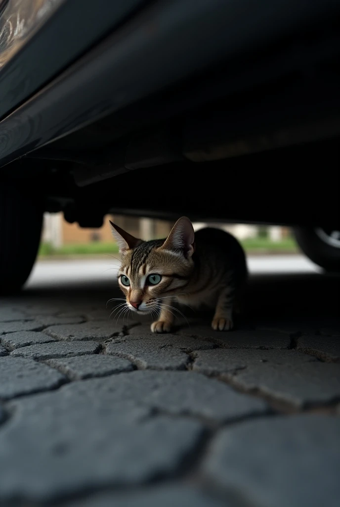 A cat under a car