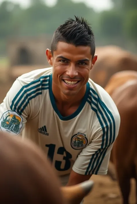 A famous football player Cristiano Ronaldo, wearing his football uniform with a well-fitted jersey
and his iconic number on the back, is seen milking a cow by hand on an Indian farm, much like
traditional Indian farmers. His expression is one of focus and ...