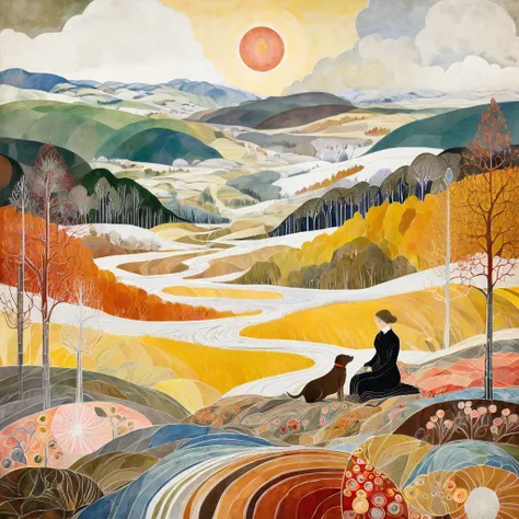 An illustration in the artistic manner of Hilma AF Klint (Swedish abstract painter) extremely detailed intricate details poster high definition crisp quality insanely detailed, multicolored abstract bucolic landscapes. in the clearing of a forest, late aut...