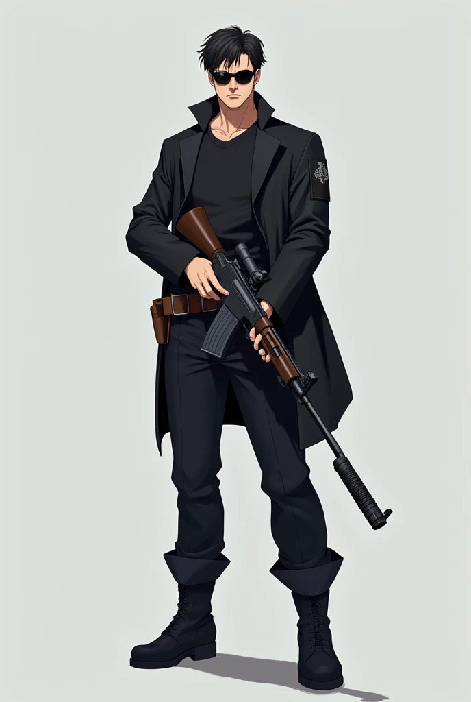 1 Adult male，Very tall，Standing，Holding a long gun in your arms ，Black clothing，Leather belt，Boots，Short hair， wearing black pilot sunglasses ，whole body，Complete body， simple background ，Light gray background，Handsome，reliable， High resolution ，Rich detai...