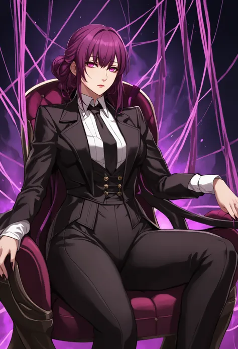 Game from Honkai Star rail, Kafka, lady boss, purple strings, sit down on chair like a boss, Sadistic, Bad Aura, cool, danger in her eyes , original suit from Honkai Star rail game, purple hair, purple strings on her back