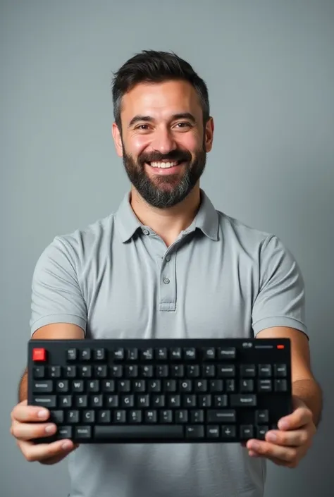 An Uzbek-looking IT guy holds a keyboard in his hands, smiling on a grey background 