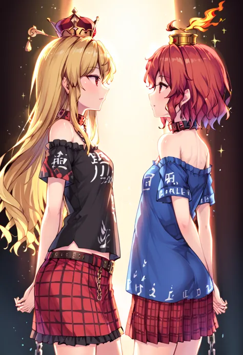 2girl, hecatia lapislazuli, polos crown, red hair, short hair, red eyes, chain, collar, off shoulder shirt, clothes writing, bel...