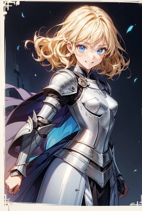  1 girl, solo,  shortcuts,  small breasts、 blue eyes, Grin, Character portrait,  character design drawing wearing armor,  anime style, knight、Petite body、Blonde, Natural curls, 