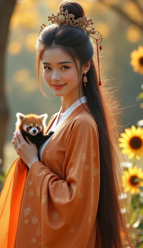  Create a picture of a Chinese woman wearing ancient Hanfu 、 with long flowing hair,  1 cute cockroach ,  A red panda on the shoulder , A sunflower, Ultra-high definition image quality, Canon camera takes beautiful photos , Size 9 .:16